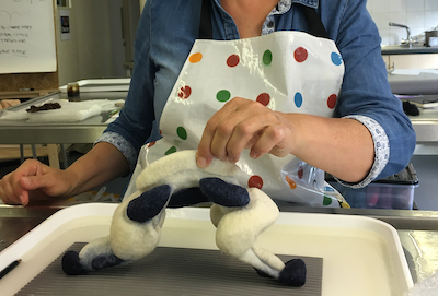 Hazel's unique template and strategic application of partial felt developed a form reminiscent of an animal and that also suggests leaping or movement! Felt in the Factory workshop, Hereforshire, UK 2016.