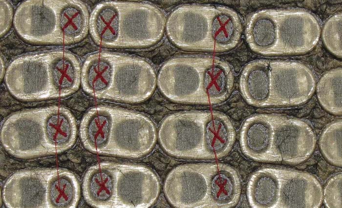 STRONGFELT study of object entrapment under fabric, partial felt as texture resist on top and underneath fabric and free-motion machine stitching