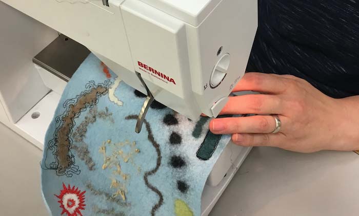 Susannah Hera free-motion machine stitching line and partial felt patterning, Appalachian Center for Craft workshop, Smithville, TN, 2017