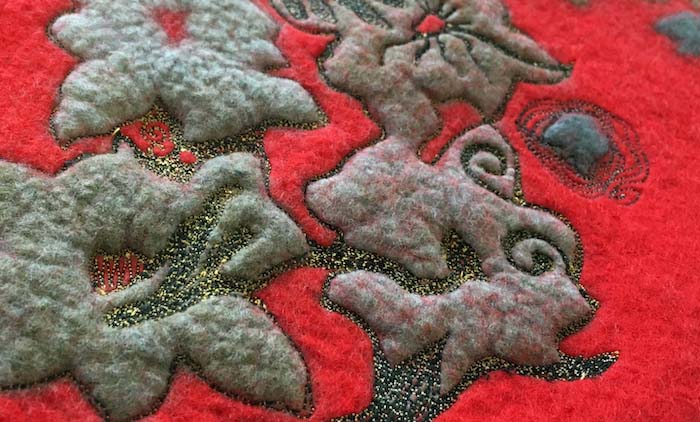 Laura Vernon Rusell's free-motion machine stitching on raised partial felt patterning, STRONGFELT Studio workshop, Asheville, NC, 2016