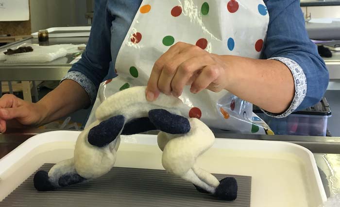 Hazel's study of using differential shrinkage and an altered template to develop a rather animal-like form!, Felt in the Factory workshop, Herefordshire, UK, 2016