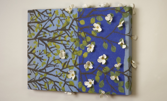 The stretched felt on a three inch deep frame created a wonderful effect of the blossoms curling over the edge and several sitting on the top edge. The piece will be displayed permanently in the hall of the school! photo credit: Steve Mann