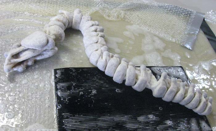 STRONGFELT work in process using an elongated template and strategically place partial felt to develop a spine, Foundation, 2012