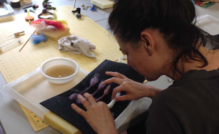 Susanna Hohman felting mutliple cords with dry end connections for joining to other surfaces, STRONGFELT Studio workshop, Asheville, NC, 2014