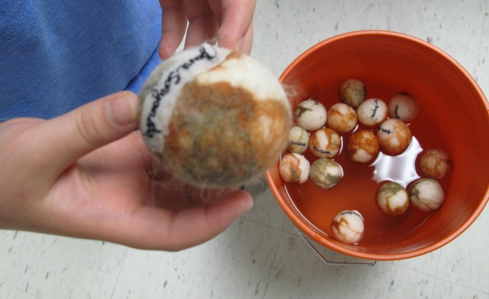 Dropping the felted eggs into a rinse bucket