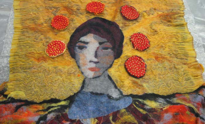 Maureen Koski's portraiture study using partial felt mosaic technique, Taos Wool Festival, Taos, NM, 2009