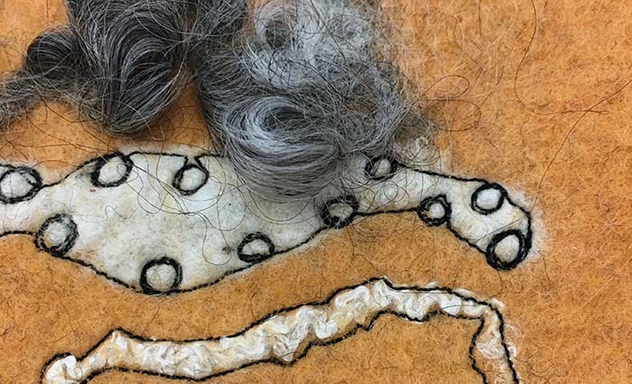 Nancy Oxford free-motion machine stitching line and partial felt patterning, Appalachian Center for Craft workshop, Smithville, TN, 2017