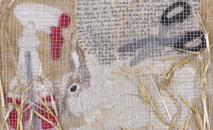 STRONGFELT work, "Still Life with Rabbit,"  using high shrinkage partial felt mosaic technique with fabric fusion and free-motion machine stitching, 2009