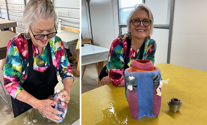 Theresa Hodges excitedly turning her cylinder inside out to reveal the surface  and with her nearly fulled cylinder