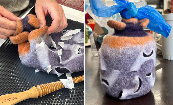 Student sculpting the differential shrinkage layout for the shoulders, neck and mouth of the constructed vessel | Vrouw Wolle, Essen, Belgium 2026