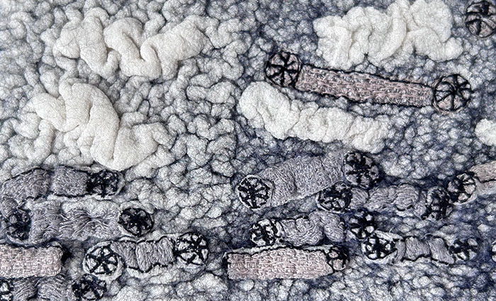STRONGFELT study of free-motion stitched density on substrates prior to fusion with wool fibers to create raised dimension