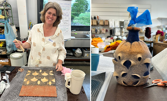 Maartje Lensvelt laying out a resist textured cylinder panel alongside her completed vessel with the shoulders, neck and mouth sculpted with differential shrinkage techniques  | Vrouw Wolle, Essen, Belgium 2026