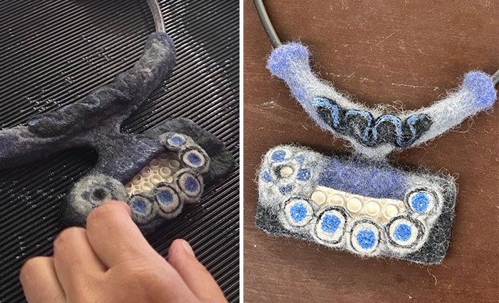 Marije Kooi's bezel and bail design using partial felt shapes and free-motion machine stitching to accent her encased lego | Vrouw Wolle, Essen, Belgium 2026