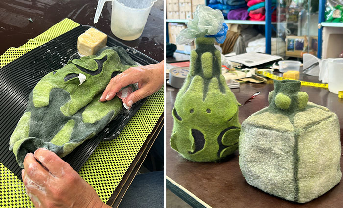 Saskia Beentjes working on fulling her surface textures and vessel form alongside her cylinder and cube being blocked | Vrouw Wolle, Essen, Belgium 2026