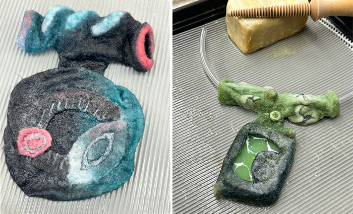 Maartje Lensvelt's encasement prior to the object insertion and finally fulling (left) and Saskia Beentjes encasement design being fulled taute against the object and the differential shrinkage of the bail being formed against the tube | Vrouw Wolle, Essen, Belgium 2026